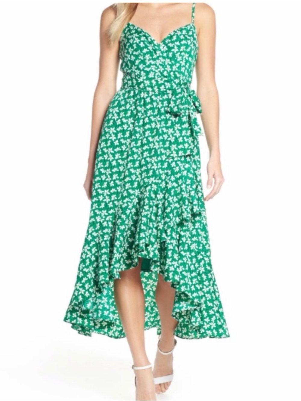 ELIZA J Floral High/low Faux Wrap Midi Dress In Green size 4